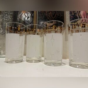Mid Century Modern‎ White & Gold Atomic Cosmic Starburst Glass Drink Tumblers